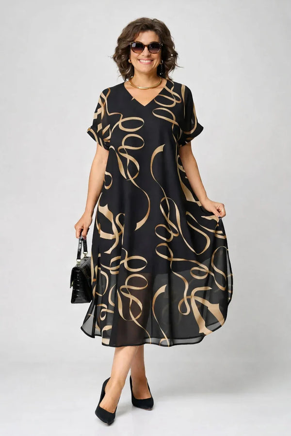 Robe Midi Fluide à Motifs Dorés Amélie