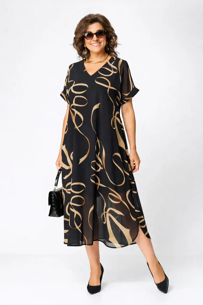 Robe Midi Fluide à Motifs Dorés Amélie