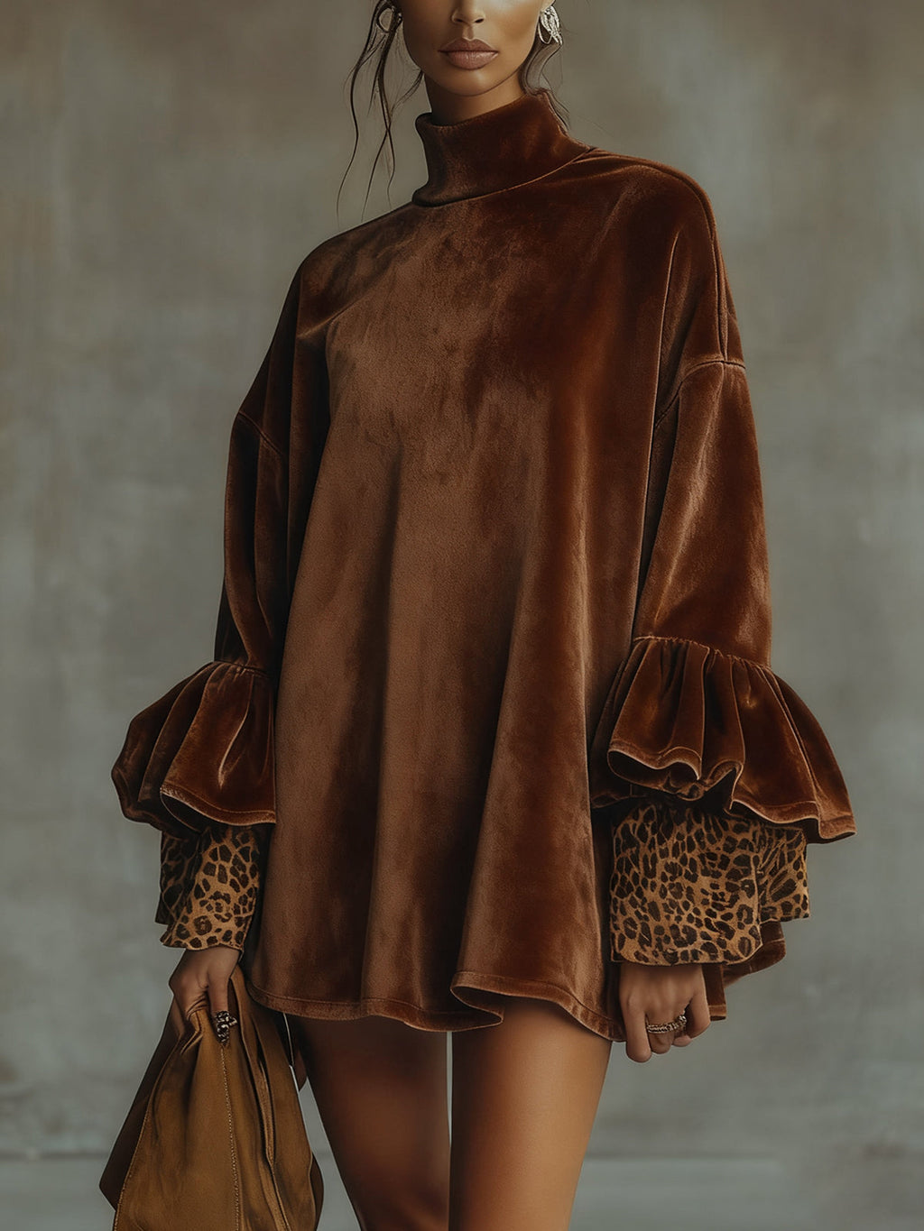 Robe Trapèze en Velours à Manches Léopard