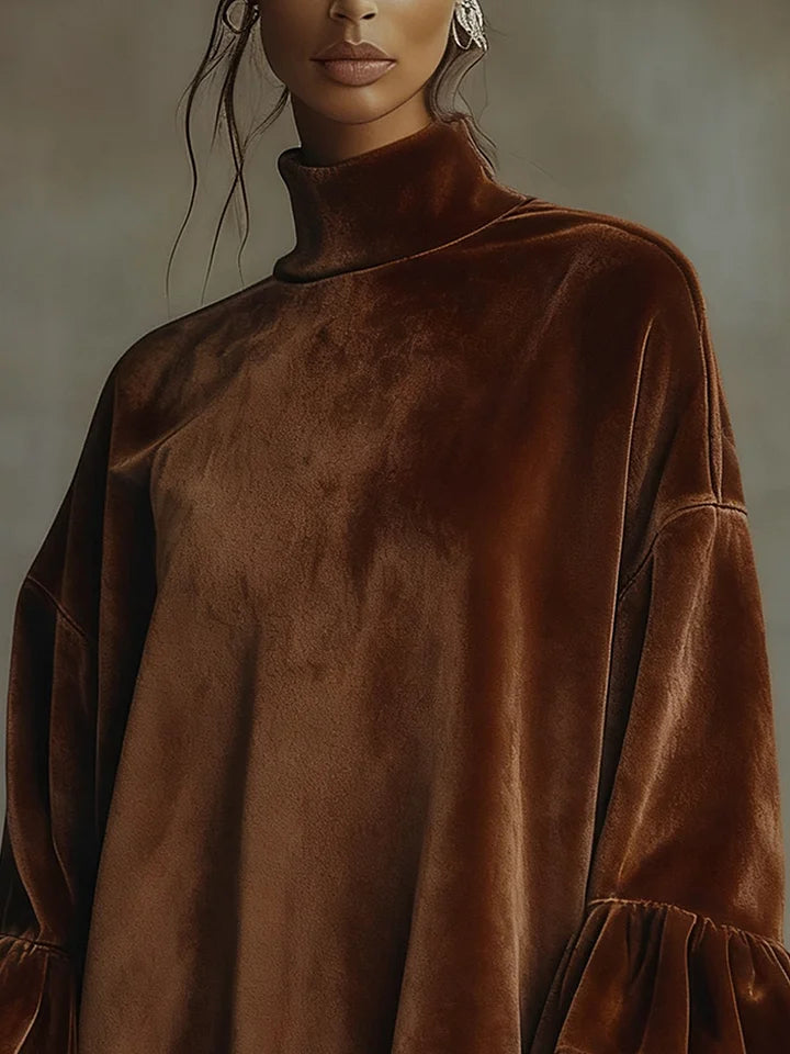 Robe Trapèze en Velours à Manches Léopard