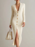 Robe Midi Côtelée de Luxe Avec Boutons