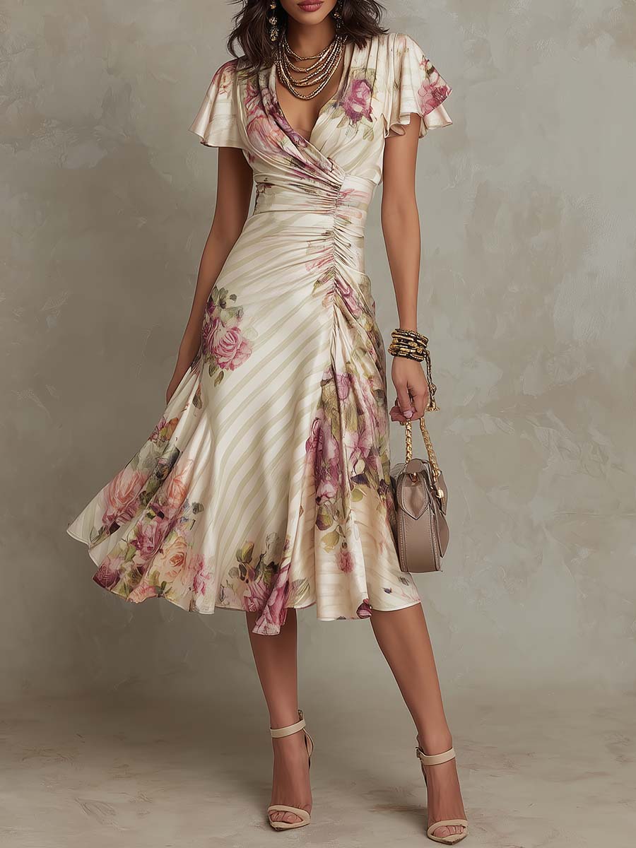 Robe Élégante Drapée Florale Camille