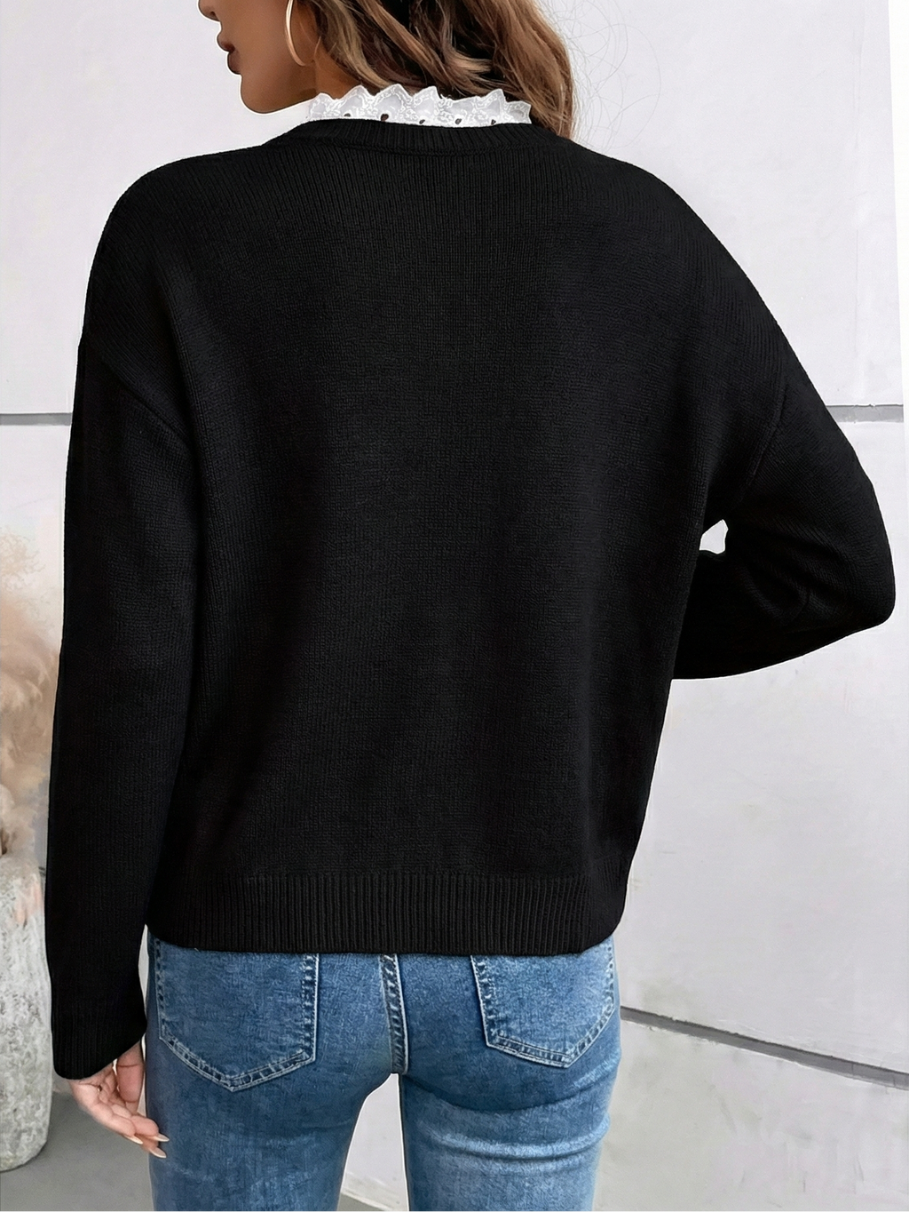 Pull Chic en Tricot Avec Col en Dentelle Élégant Céline