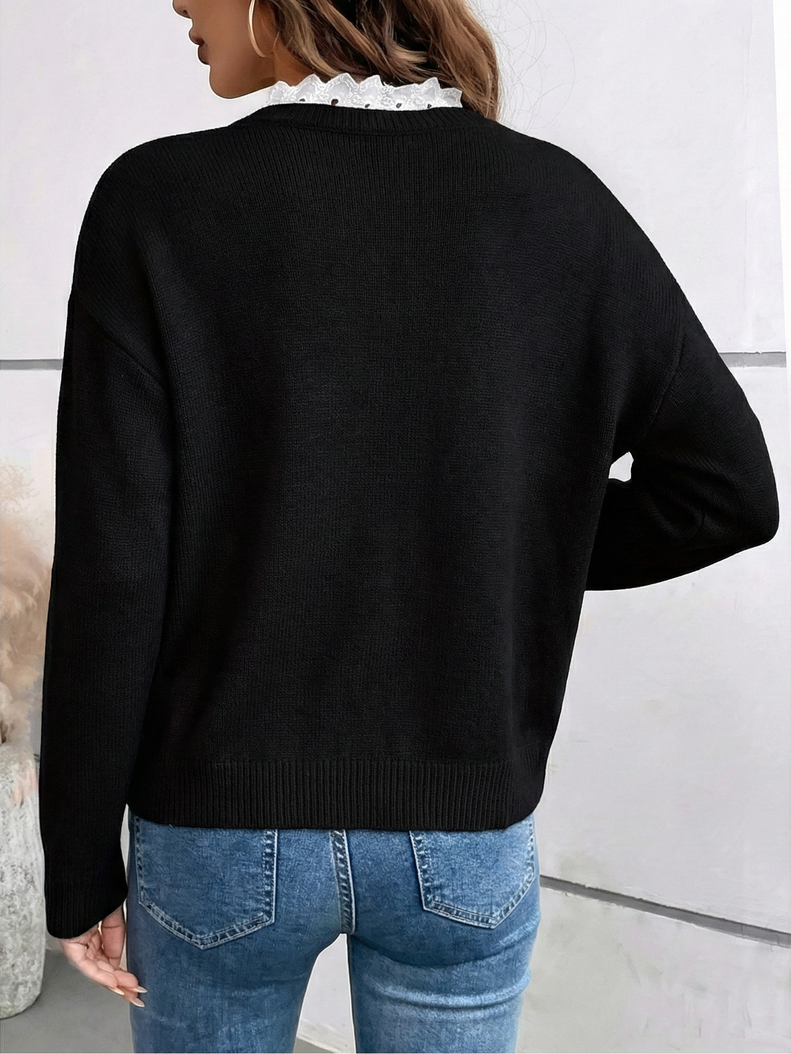 Pull Chic en Tricot Avec Col en Dentelle Élégant Céline