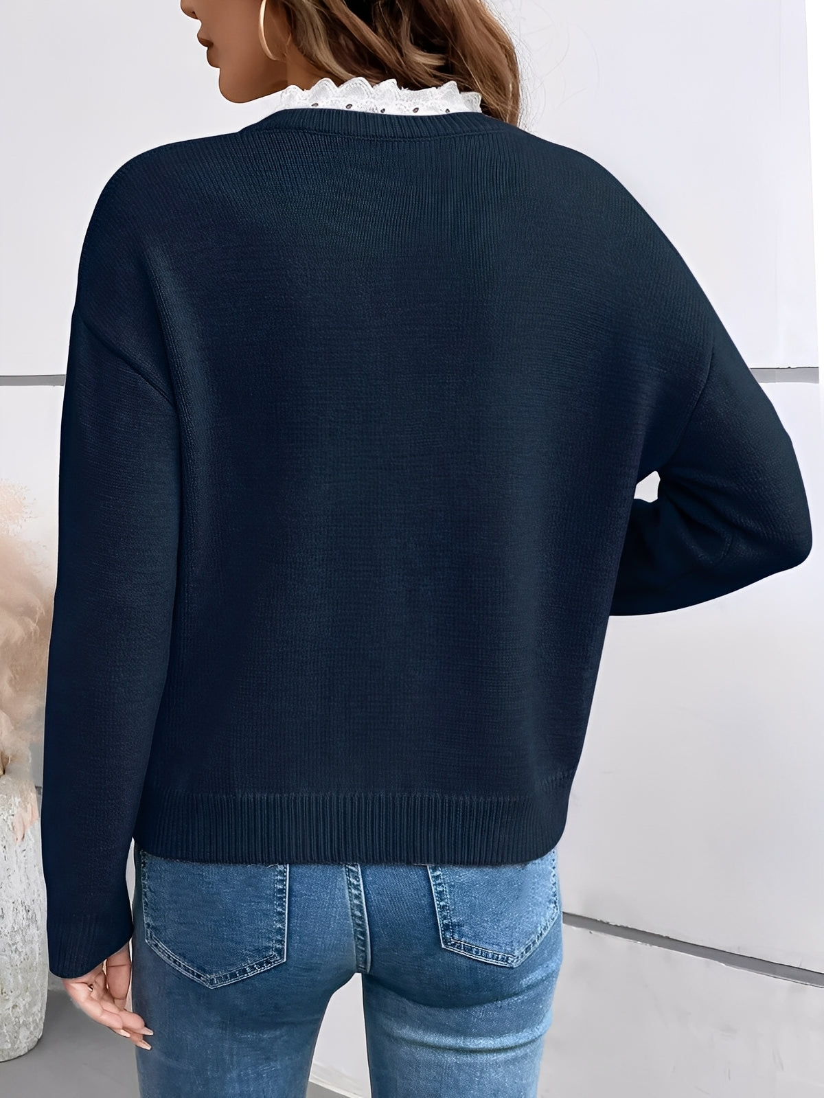 Pull Chic en Tricot Avec Col en Dentelle Élégant Céline