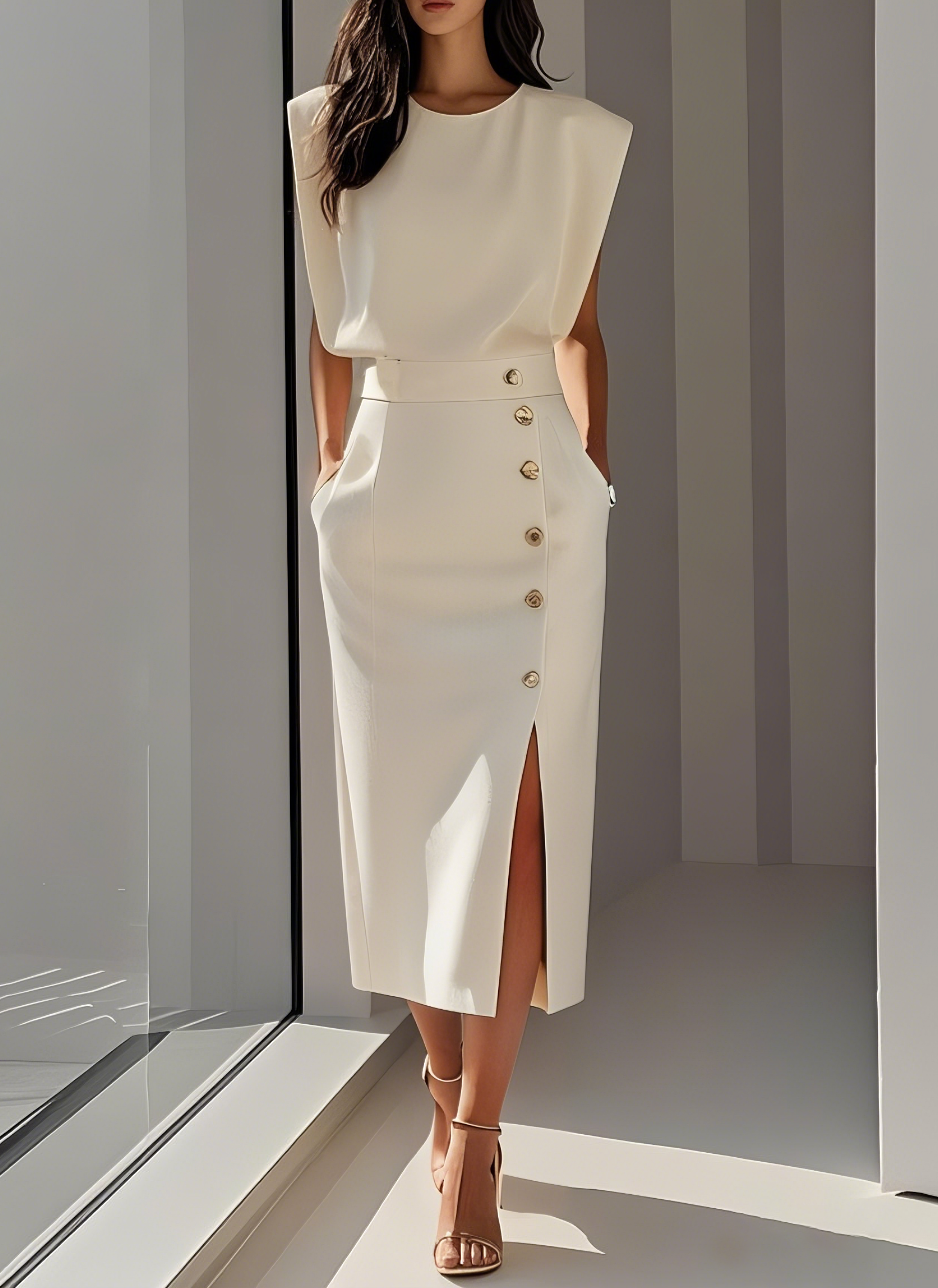 Robe Midi Ajustée Avec Boutons Dorés