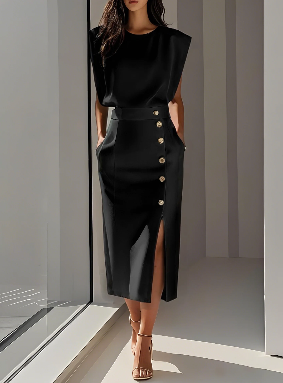 Robe Midi Ajustée Avec Boutons Dorés