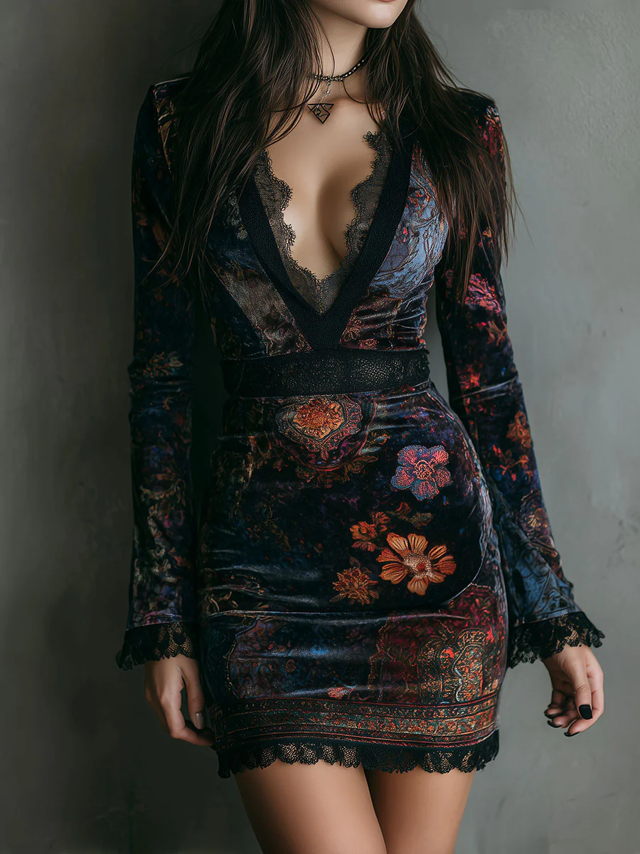 Robe Mini en Velours à Décolleté Profond