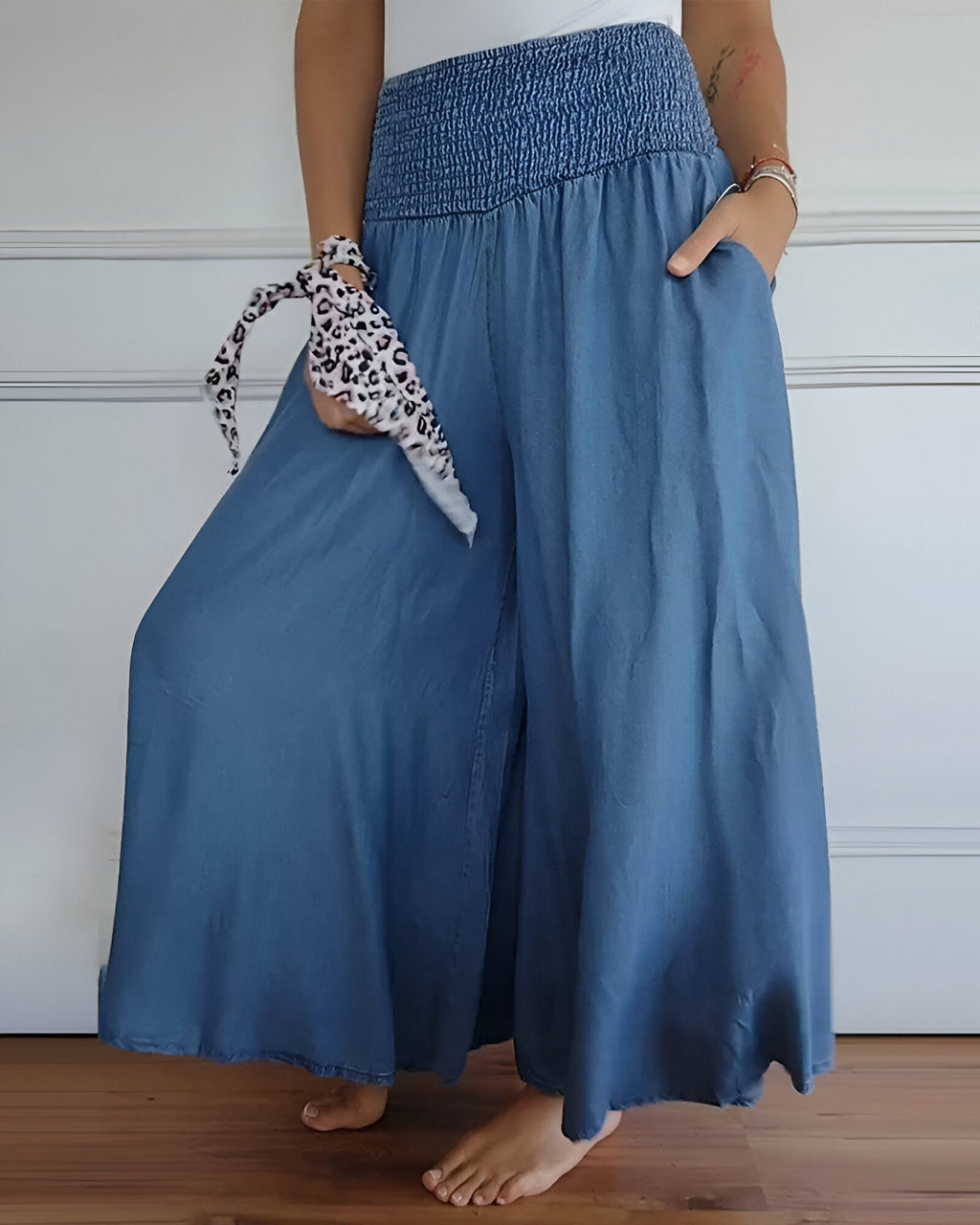 Pantalon Large à Taille Smockée
