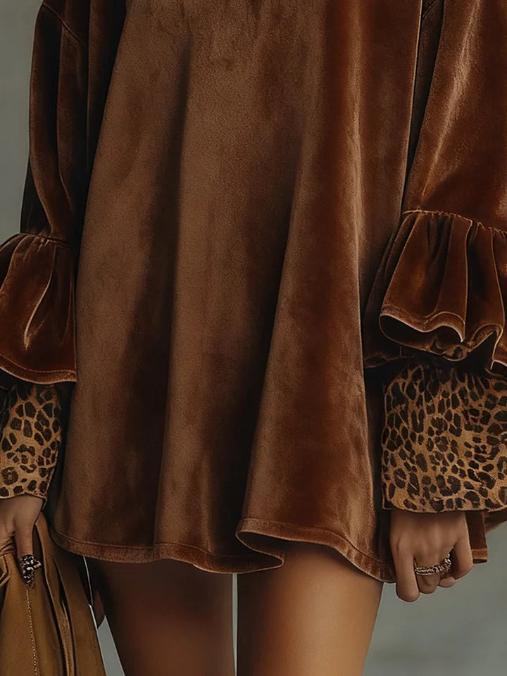 Robe Trapèze en Velours à Manches Léopard