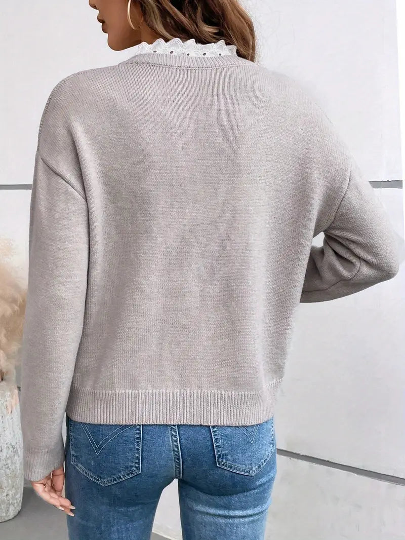Pull Chic en Tricot Avec Col en Dentelle Élégant Céline