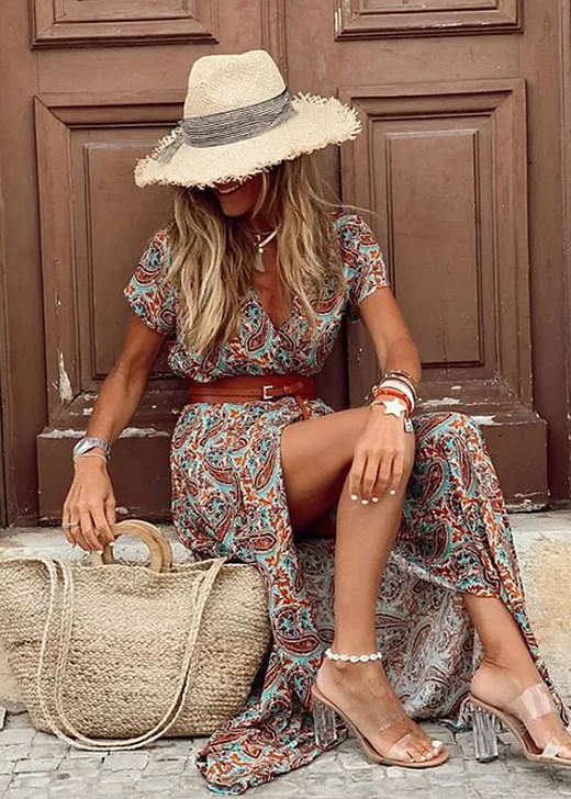 Robe Longue Bohème à Taille Froncée