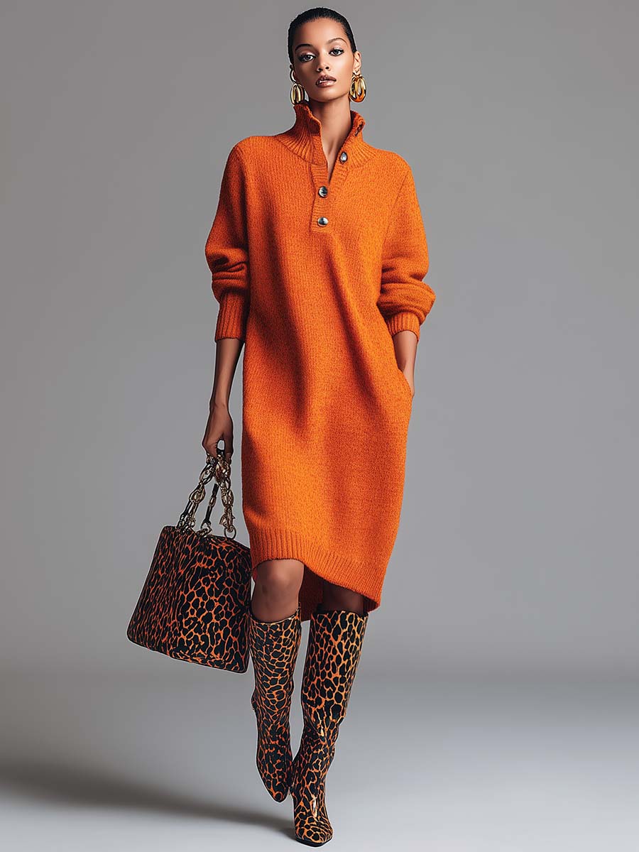Robe Pull à Col Boutonné